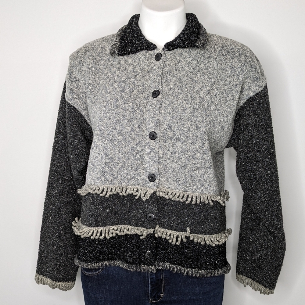 Vintage Design Options by Philip & Jane Gordon two tone grey fringe cardigan M